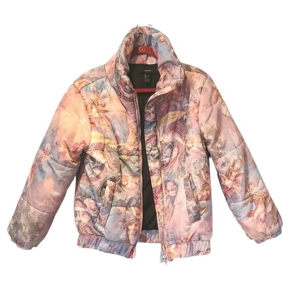 Forever21 Cherub Angel Puffer Jacket All Over Print Renaissance Fantasy | S EUC - Picture 2 of 11